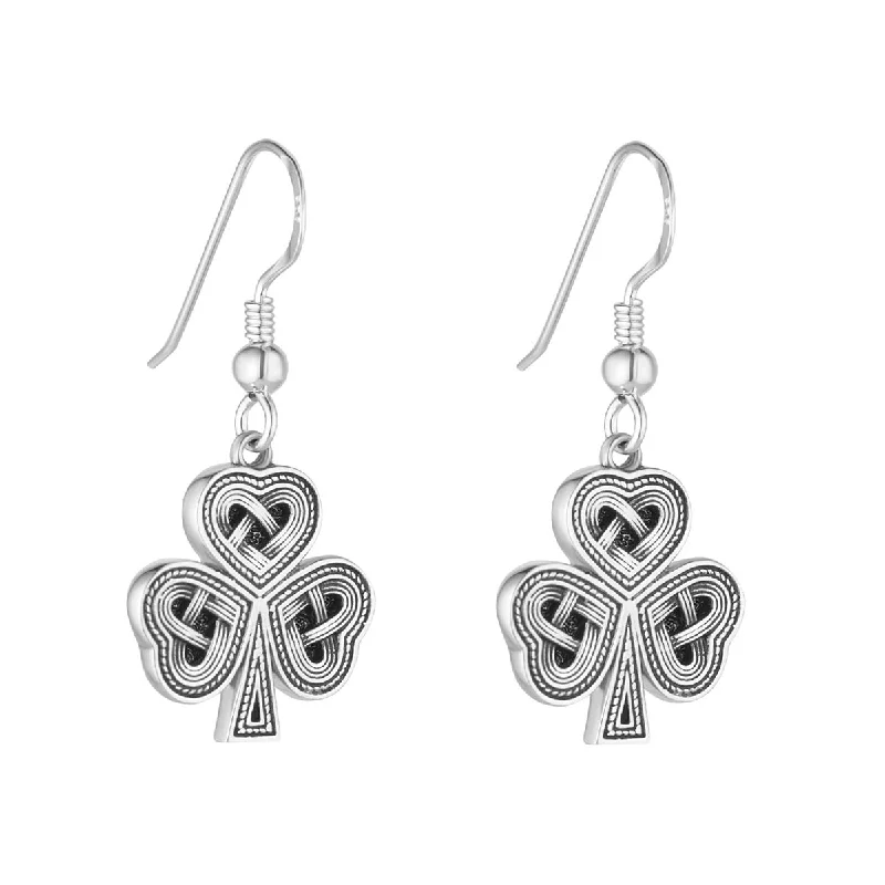 women's earrings delicate and dainty -Sterling Silver Oxidised Celtic Shamrock Earrings - S34250