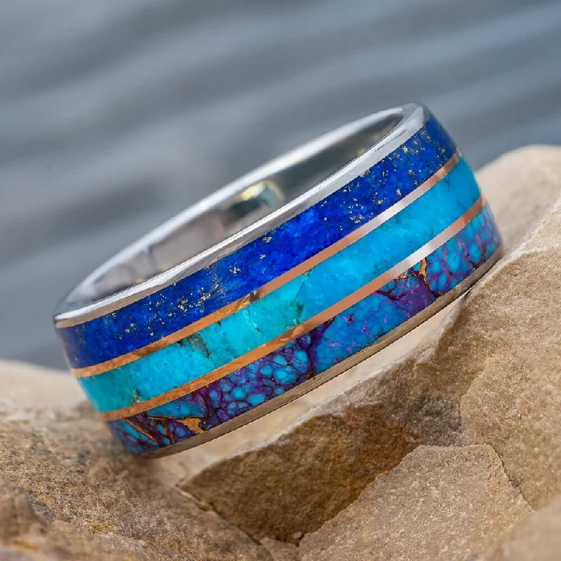 women's engagement rings split shank design -Turquoise Wedding Band with Lapis and Rose Gold