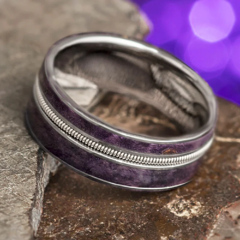 women's engagement rings modern twist -Guitar String Wedding Band With Purple Burl Wood