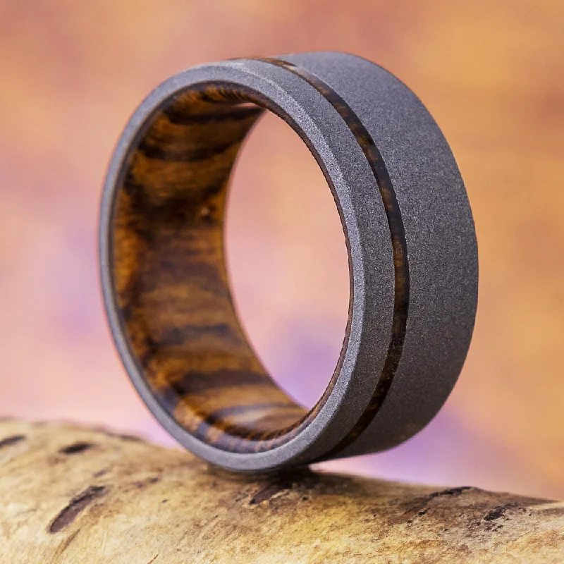 women's engagement rings designer brand -Bocote Wood Wedding Band, Sandblasted Titanium Ring