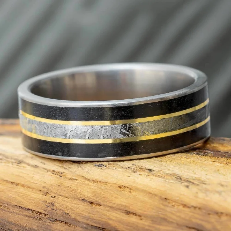 women's engagement rings modern twist -Meteorite & Obsidian Men's Wedding Band With Gold Pinstripes