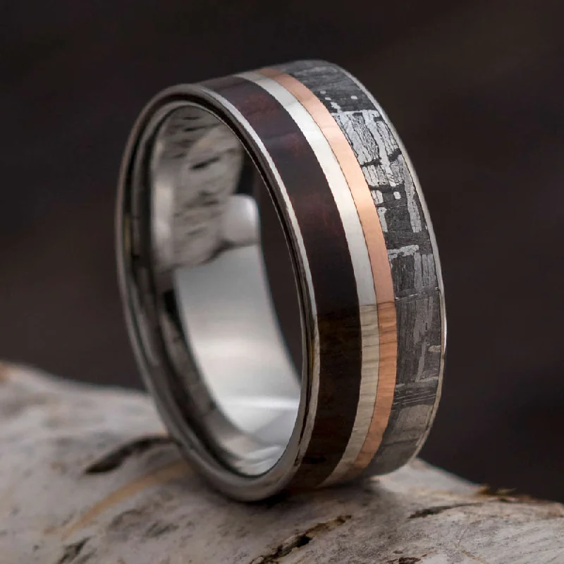 women's engagement rings conflict-free diamond -Meteorite & Redwood Men's Wedding Band With Pinstripes