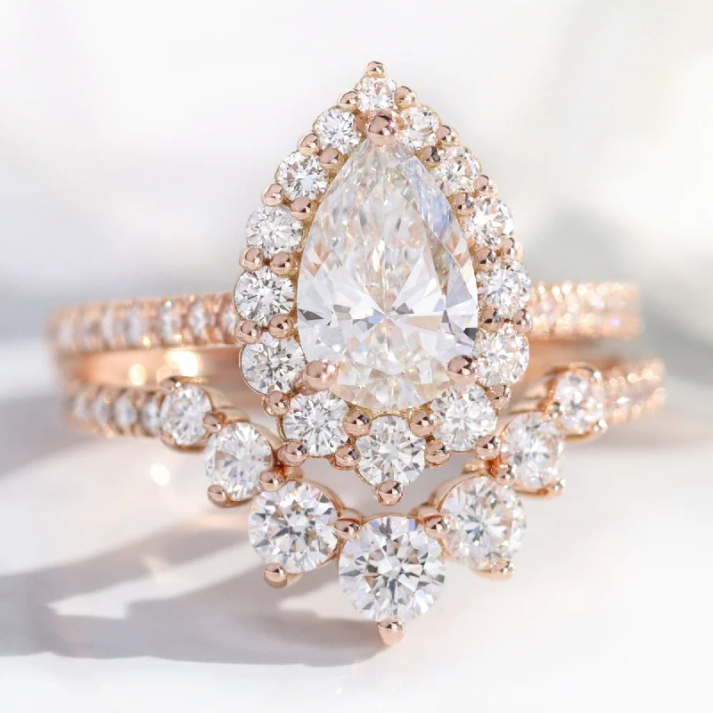 women's engagement rings minimalistic -Pear Diamond Halo Pave Ring Set w/ Lab Diamond and Large 7 Stone Wedding Band