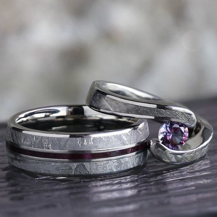 women's engagement rings cushion halo -His and Hers Purple Wedding Ring Set