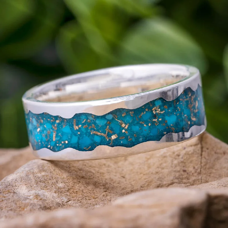 women's engagement rings wedding ring set -Crushed Turquoise Wedding Band, Wavy Sterling Silver Ring With Gold Shavings