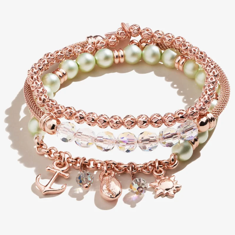 women's bracelets Valentine's Day gift -Green Pearl + Sea Charm Bracelets, Set of 3