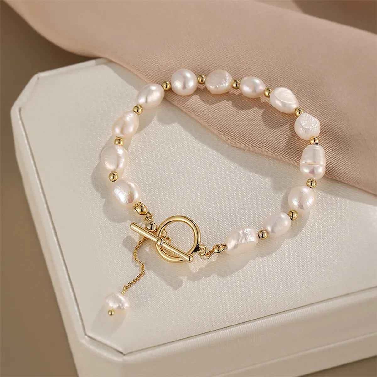 women's bracelets premium quality -Elegant Luxurious Round Freshwater Pearl Copper Toggle Bracelets