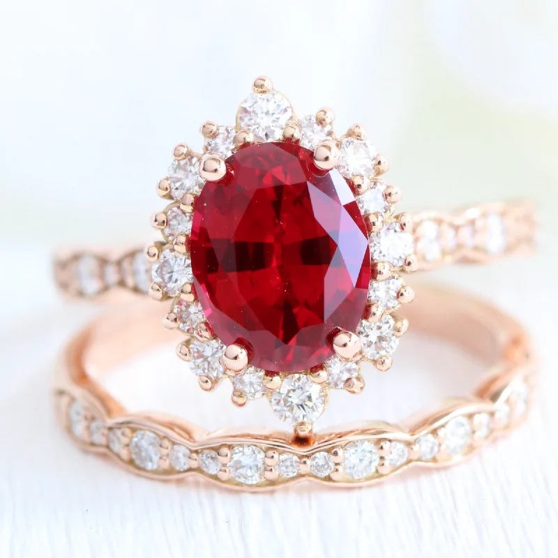 women's engagement rings nature-inspired -Large Tiara Halo Oval Ruby Ring Set w/ Scalloped Diamond Wedding Band