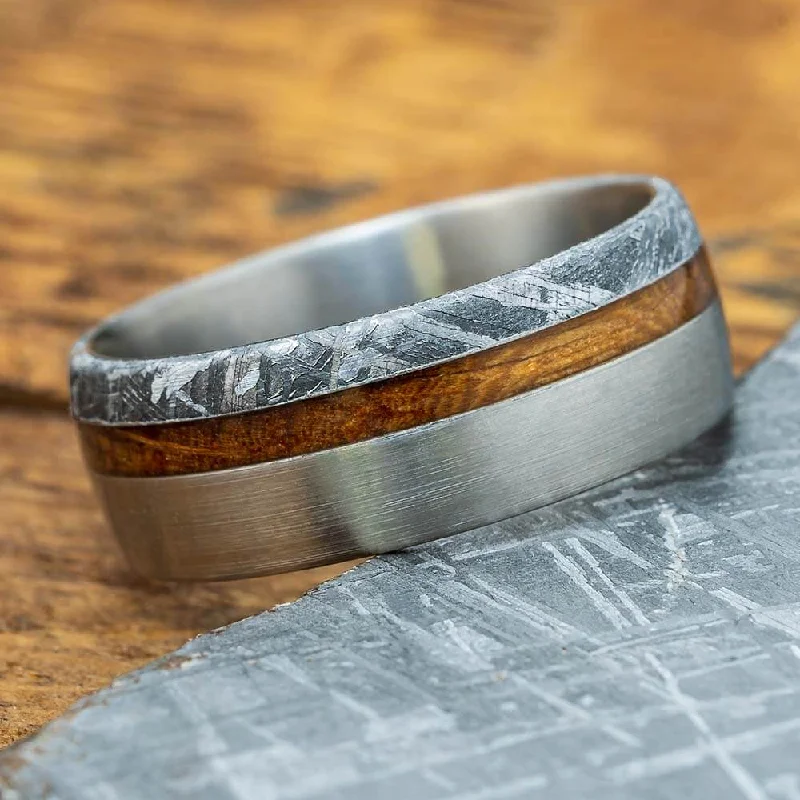 women's engagement rings with vintage diamond -Whiskey Barrel Wood Wedding Band with Gibeon Meteorite