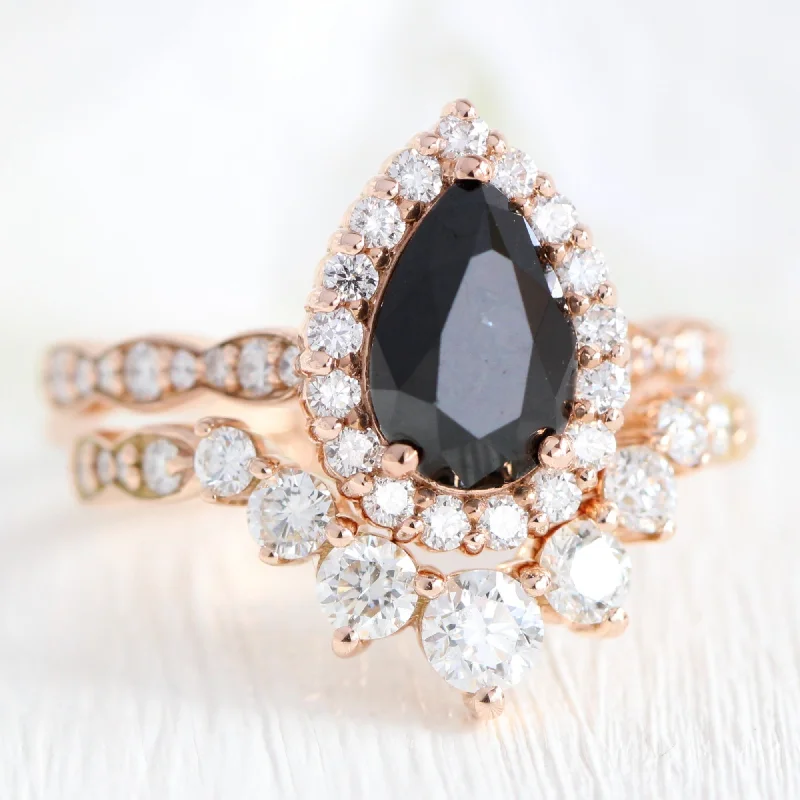 women's engagement rings classic style -Luna Halo Black Diamond Pear Ring Set w/ Large 7 Diamond Scalloped Wedding Band