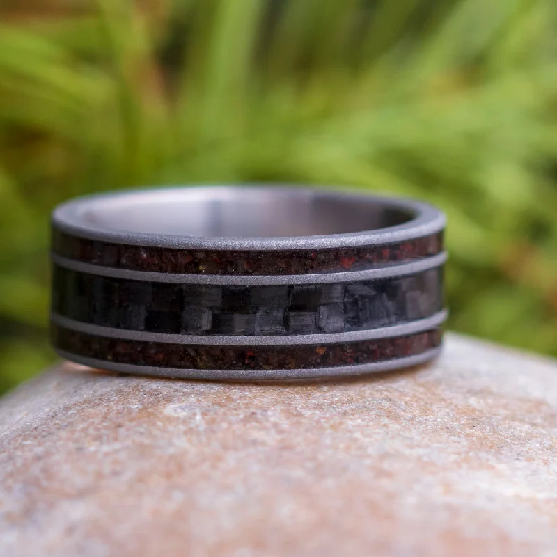 women's engagement rings with emerald -Carbon Fiber Wedding Band with Crushed Dinosaur Bone