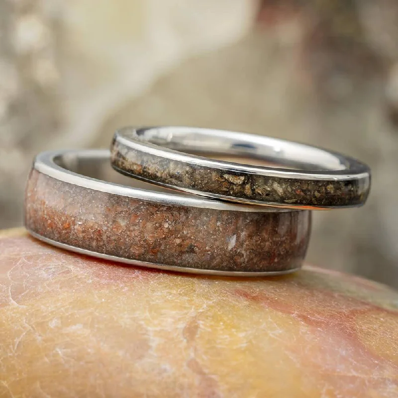 women's engagement rings with sapphire -Crushed Dinosaur Bone His & Hers Matching Wedding Bands