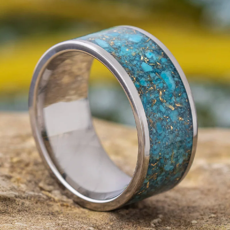 women's engagement rings classic style -Mens Wedding Band Titanium Ring with Crushed Turquoise