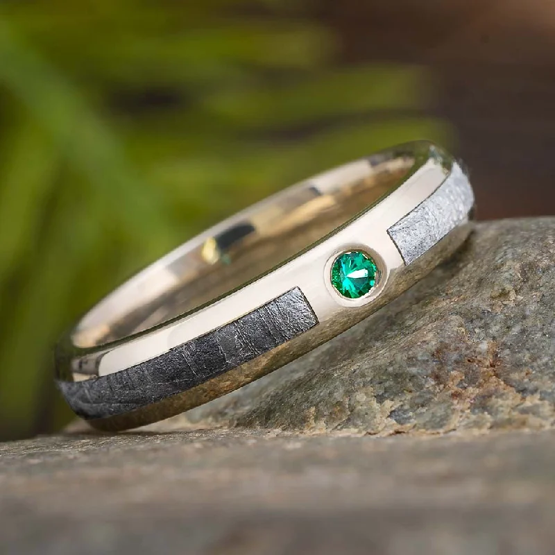 women's engagement rings unique and custom -Emerald and Meteorite Wedding Band