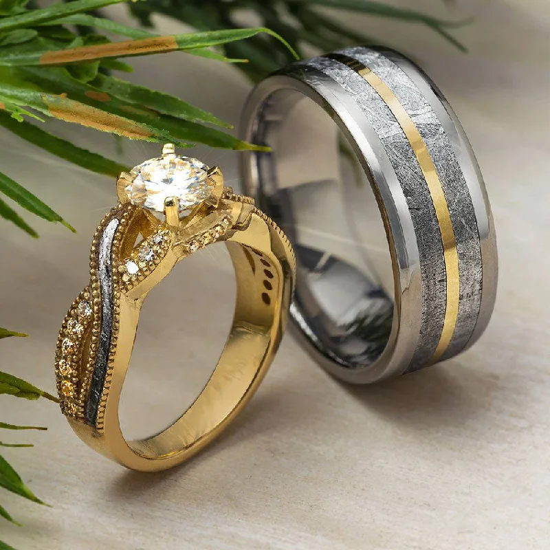 women's engagement rings square halo -Matching Meteorite Wedding Ring Set with Yellow Gold Accents