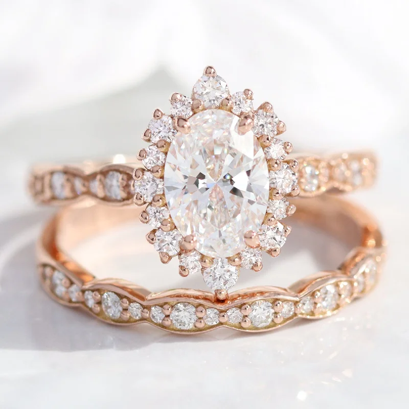 women's engagement rings elegant setting -Oval Diamond Halo Scalloped Ring Set w/ Lab Diamond and Matching Wedding Band