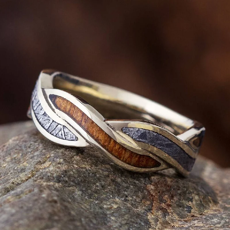 women's engagement rings split shank design -Meteorite and Koa Wood Twist Wedding Band