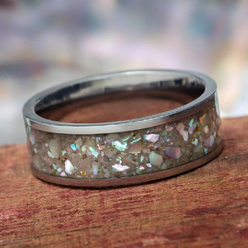 women's engagement rings with unique shape -Crushed Abalone & Titanium Wedding Band