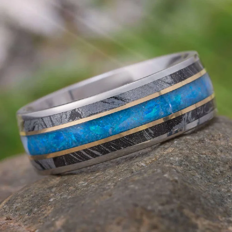 women's engagement rings handcrafted -Black & White Mokume Gane & Opal Men's Wedding Band