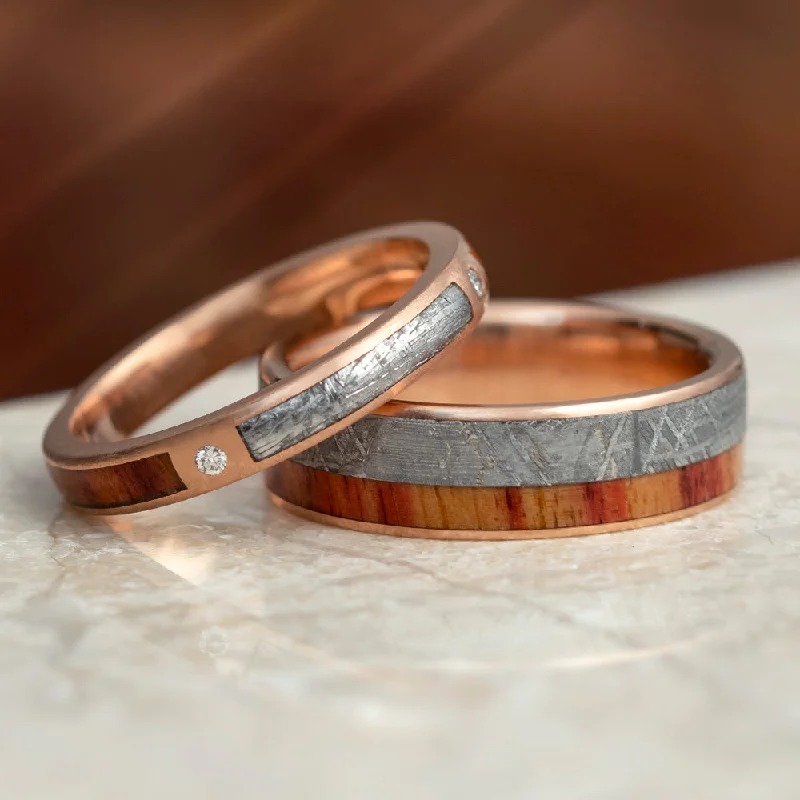 women's engagement rings matching wedding band -Meteorite & Wood Wedding Ring Set, Matching Rose Gold Wedding Bands