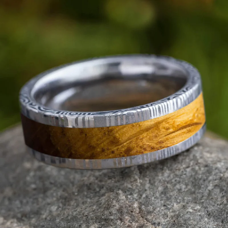 women's engagement rings emerald halo -Damascus and Whiskey Barrel Oak Wood Wedding Band