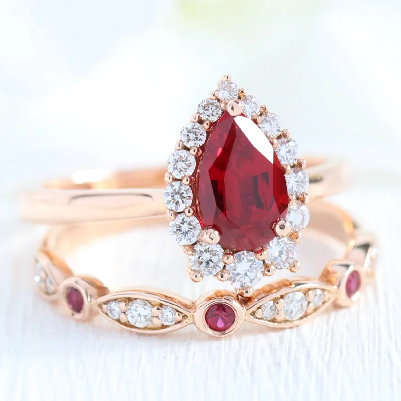 women's engagement rings with twist band -Tiara Halo Bridal Set w/ Pear Ruby and Bezel Scalloped Wedding Band