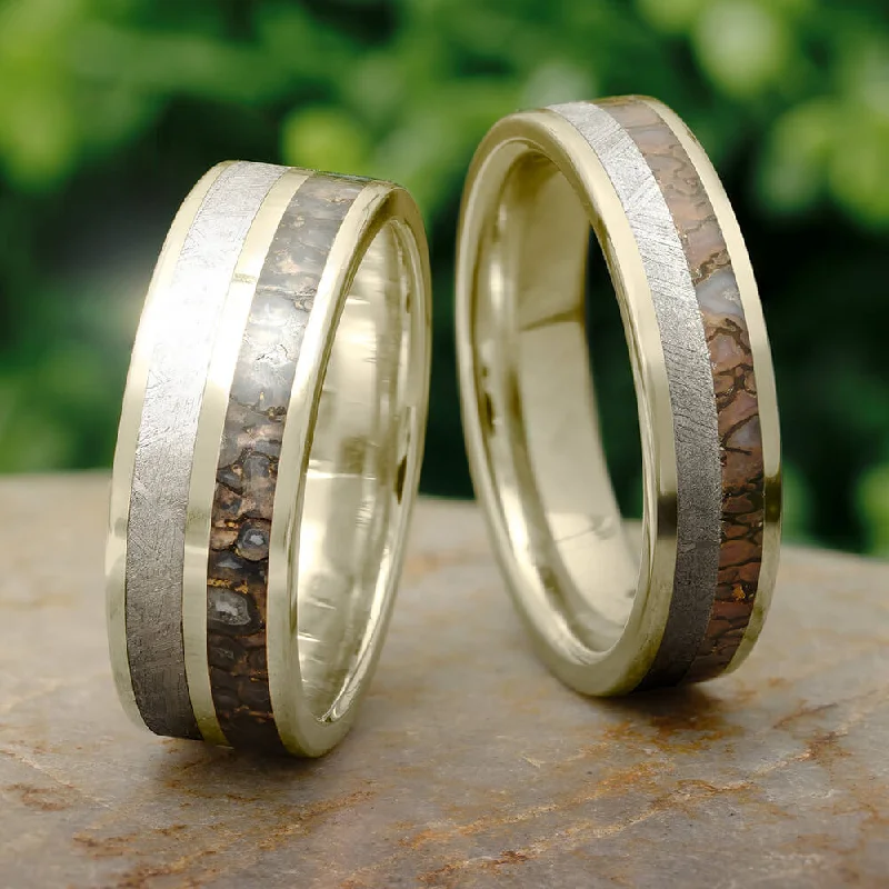 women's engagement rings custom design -Matching Wedding Bands With Meteorite & Dinosaur Bone