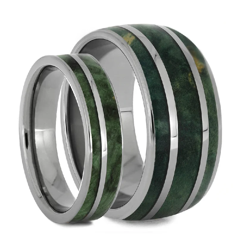 women's engagement rings tension setting -His & Hers Wood Rings Set, Green Wedding Band Set