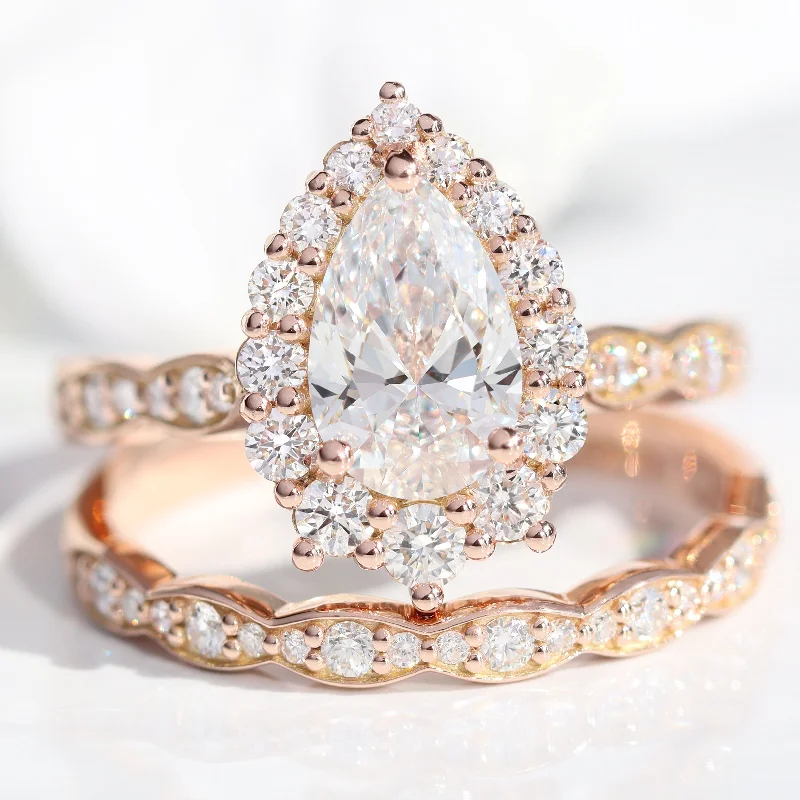 women's engagement rings statement piece -Pear Diamond Halo Scalloped Ring Set w/ Lab Diamond and Matching Wedding Band