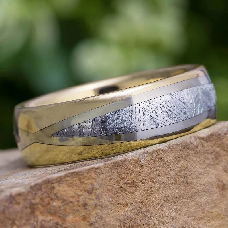 women's engagement rings unique band design -Unique Meteorite Men's Wedding Band, Two-Tone Gold Ring