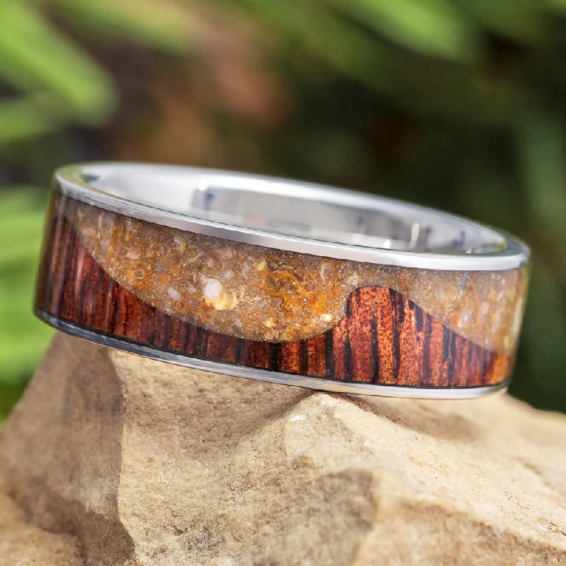 women's engagement rings white diamond -Crushed Dinosaur Bone Wedding Band With Koa Wood Wave