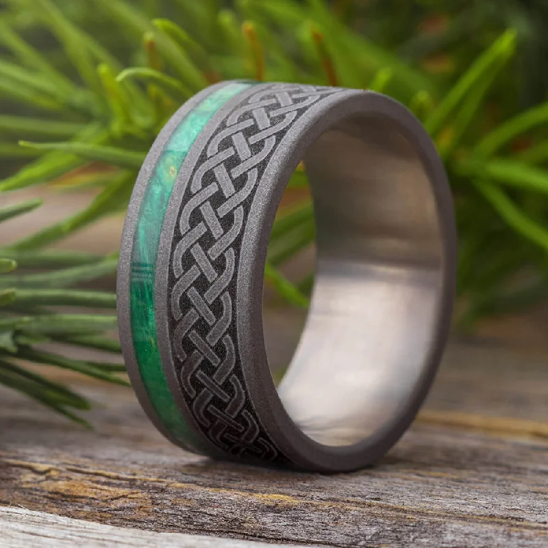 women's engagement rings personalized message -Celtic Men's Wedding Band With Green Wood