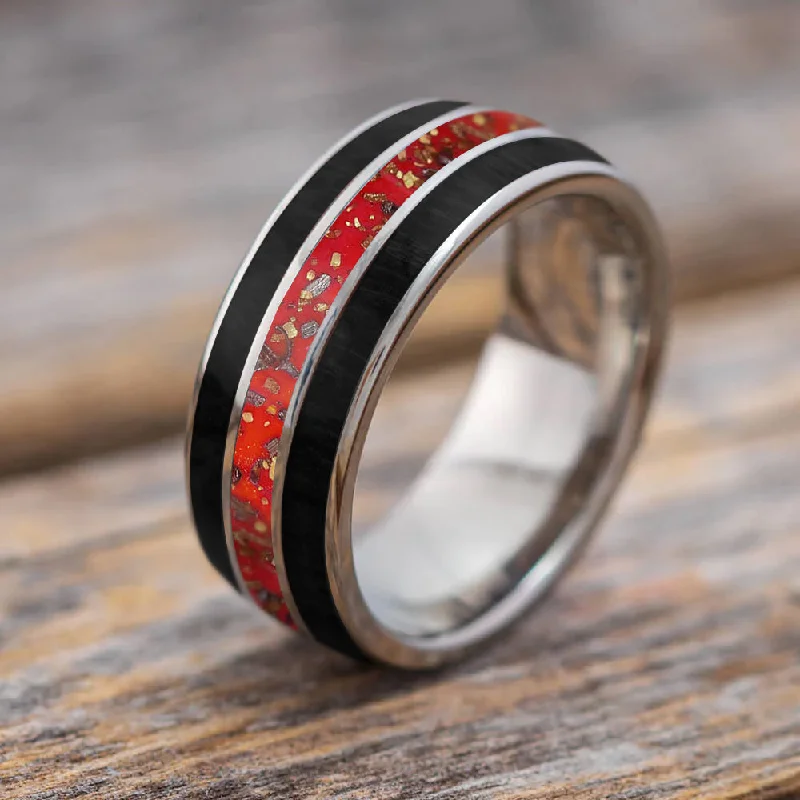 women's engagement rings with vintage diamond -Red and Black Men's Wedding Band with Stardust™ & Jade