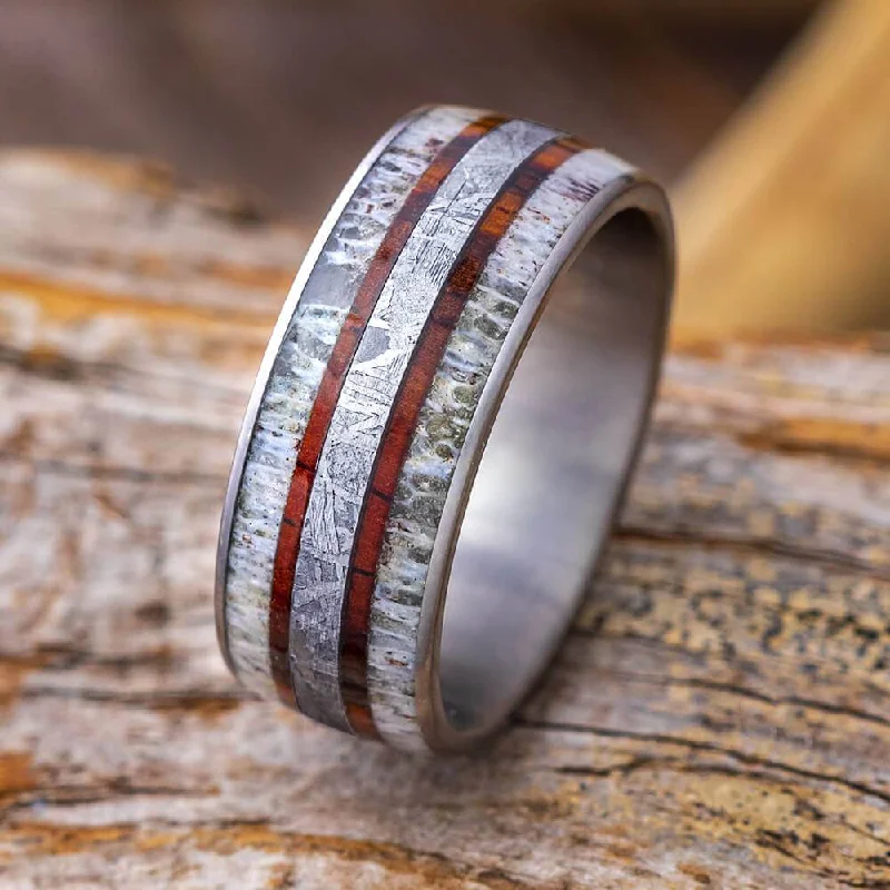 women's engagement rings rose gold -Wood, Meteorite & Antler Men's Wedding Band