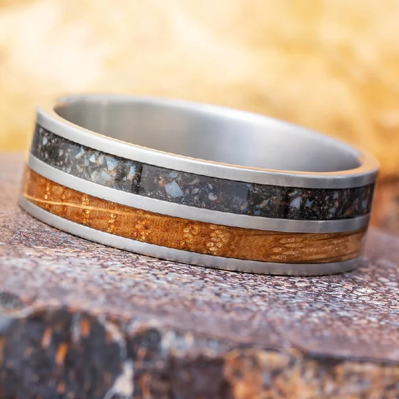 women's engagement rings unique gemstone -Whiskey Barrel Oak Wood & Dinosaur Bone Men's Wedding Band