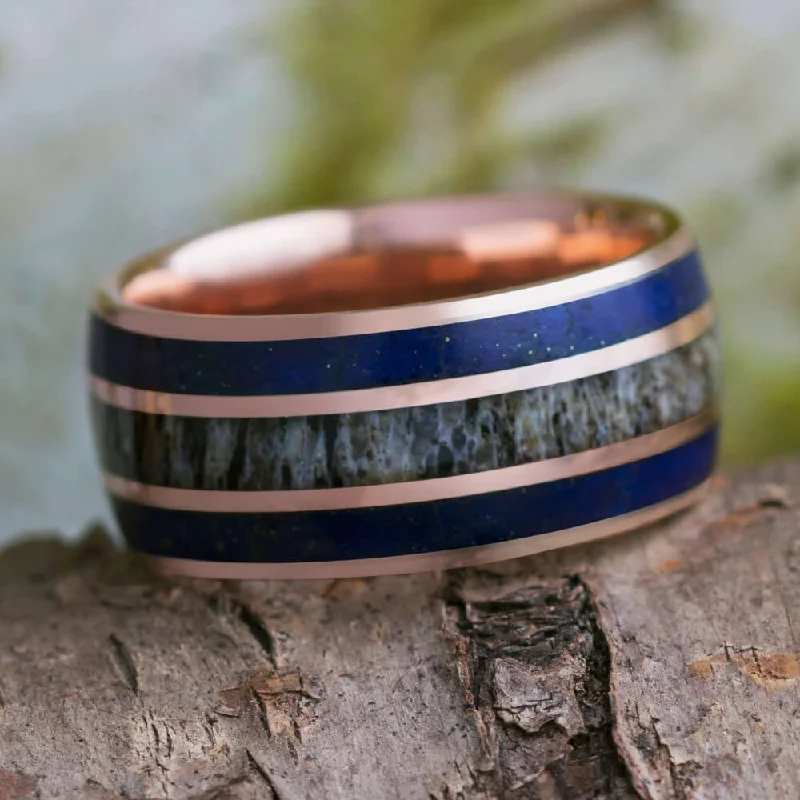 women's engagement rings with colored gemstones -Men's Wedding Band With Lapis Lazuli and Deer Antler