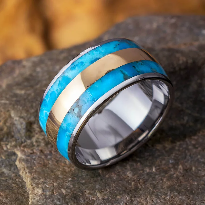 women's engagement rings sapphire halo -Titanium, Turquoise & Gold Men's Wedding Band