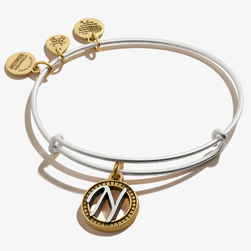 women's bracelets bangle with charms -Initial N Charm Bangle, Two-Tone