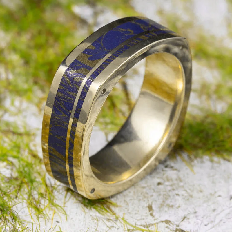 women's engagement rings art deco style -Lapis Mokume Wedding Band, Gold Ring with Side Accents