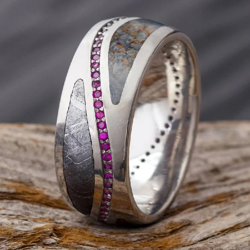 women's engagement rings vintage style -Fossil and Meteorite Wedding Band with Wavy Ruby Eternity Set