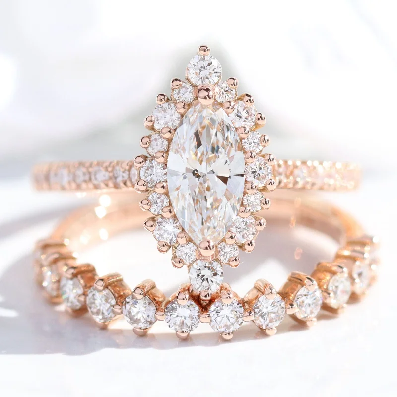 women's engagement rings with pave diamonds -Marquise Diamond Halo Pave Ring w/ Lab Diamond and 4 Prong Wedding Band