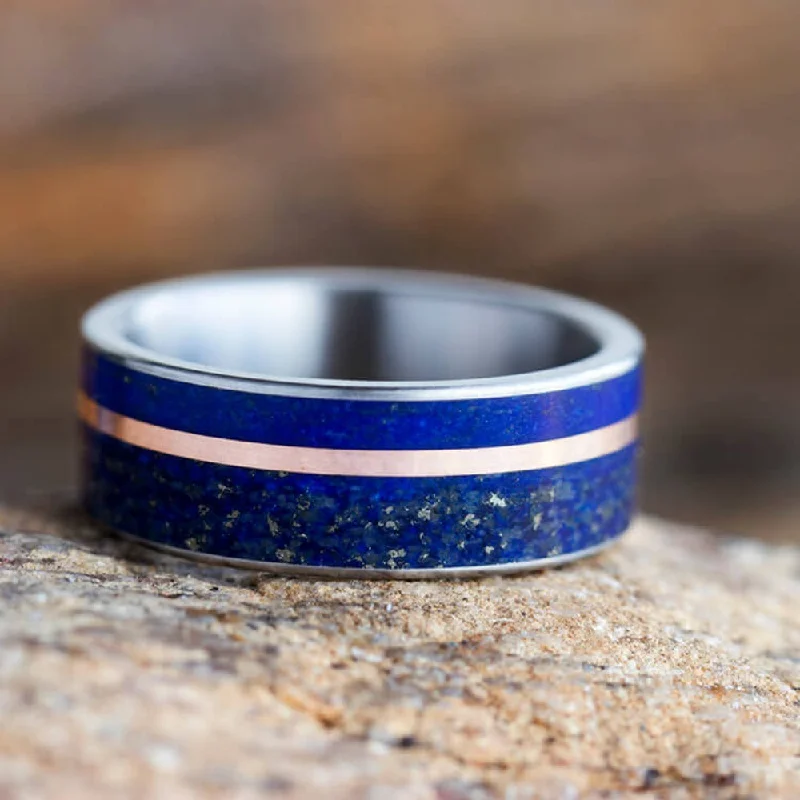 women's engagement rings with side pave diamonds -Lapis Lazuli Wedding Band With Gold Pinstripe