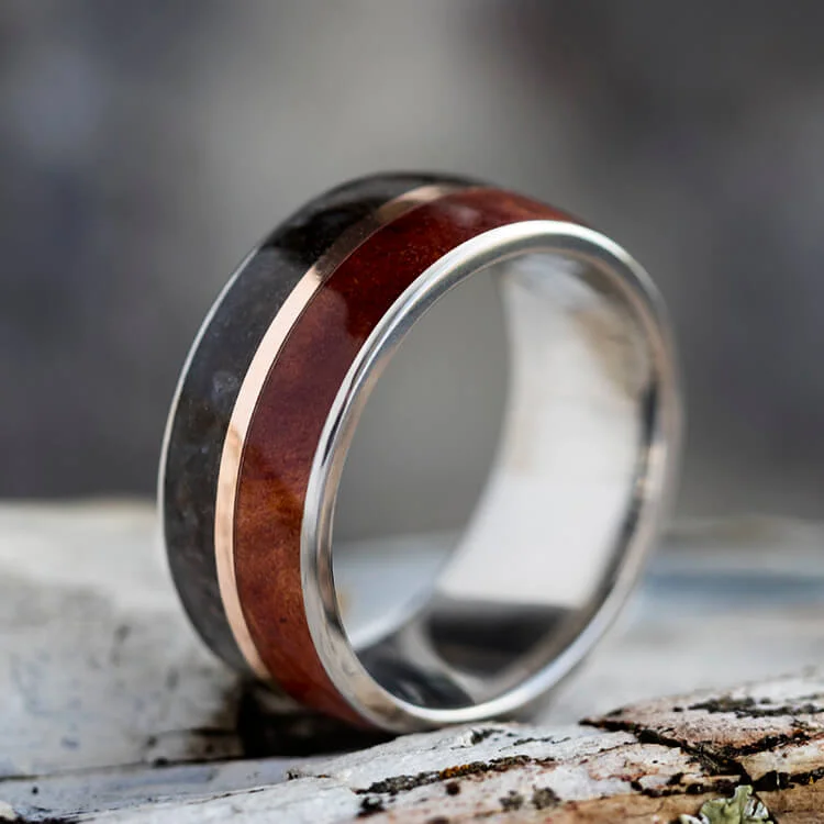 women's engagement rings with unique shape -Wood and Dinosaur Bone Wedding Band With Rose Gold