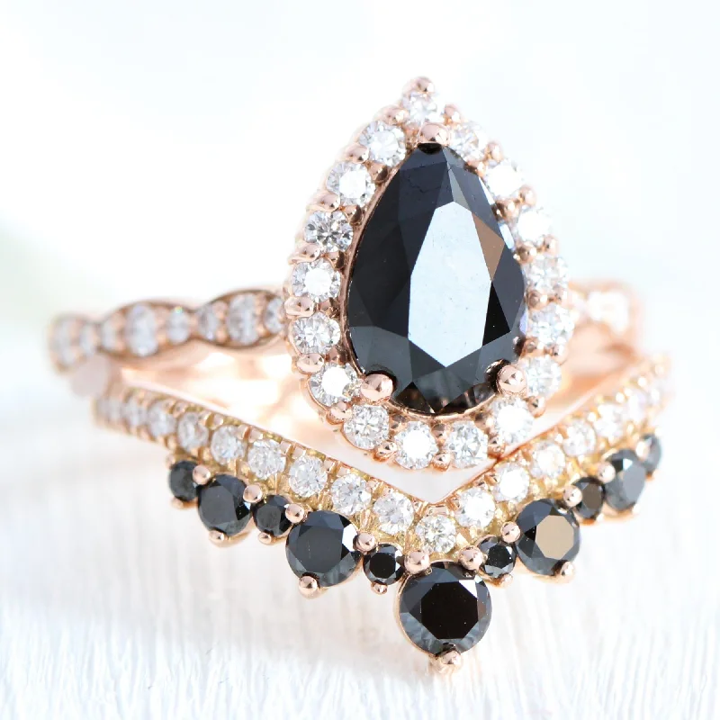 women's engagement rings designer brand -Luna Halo Black Diamond Pear Ring Set w/ Large Tiara Diamond Wedding Band