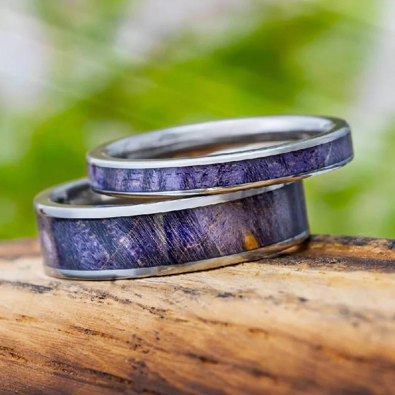 women's engagement rings with halo diamonds -Matching Wedding Band Set with Purple Box Elder Burl Wood