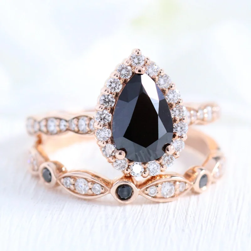 women's engagement rings art deco style -Luna Halo Black Diamond Pear Ring Set w/ Black and White Diamond Wedding Band