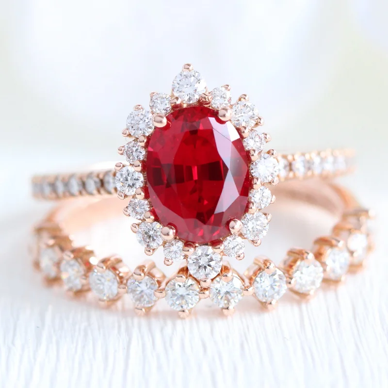 women's engagement rings with diamond accents -Tiara Halo Oval Ruby Bridal Ring Set w/ Half Eternity Diamond Wedding Band