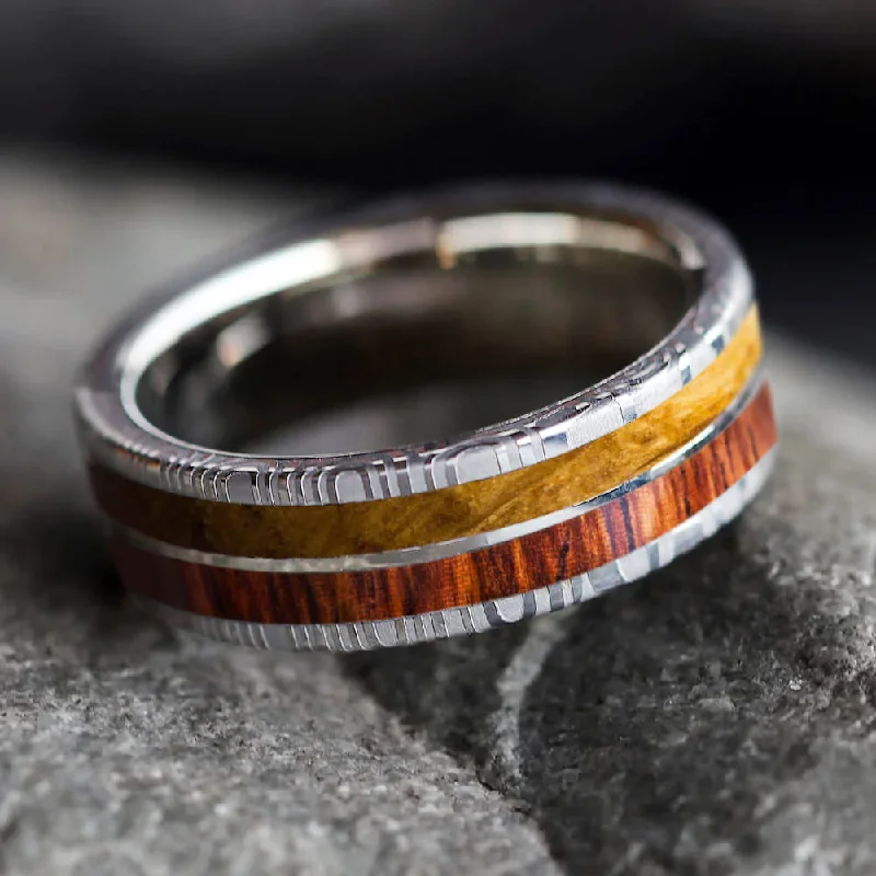 women's engagement rings matching wedding band -Wedding Band With Damascus & Wood