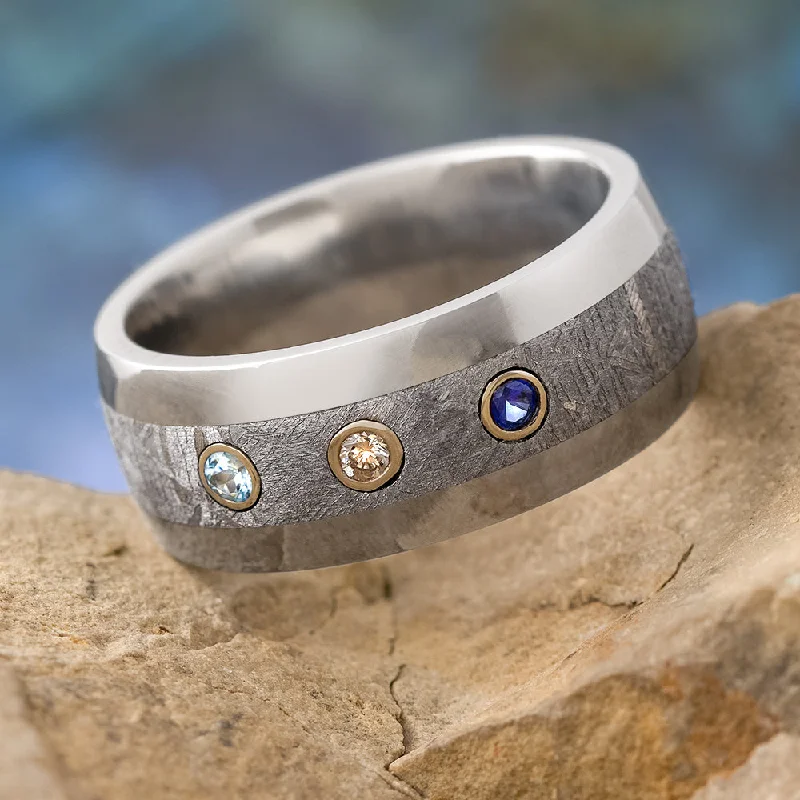 women's engagement rings wedding ring set -Meteorite Wedding Band With Sapphire, Diamond, And Topaz