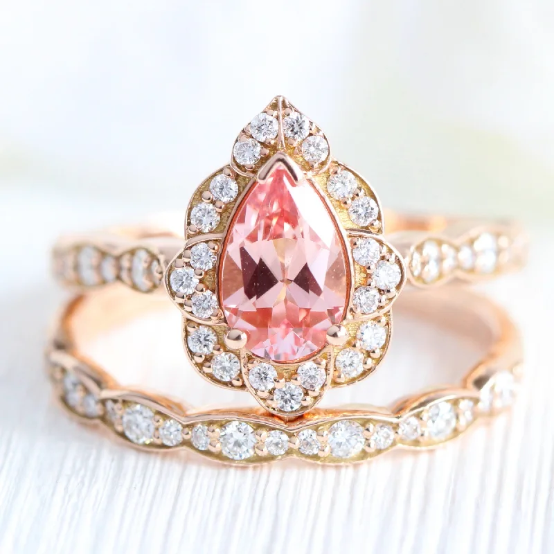 women's engagement rings rose gold band -Vintage Floral Pear Peach Sapphire Ring Set w/ Matching Scalloped Diamond Wedding Band